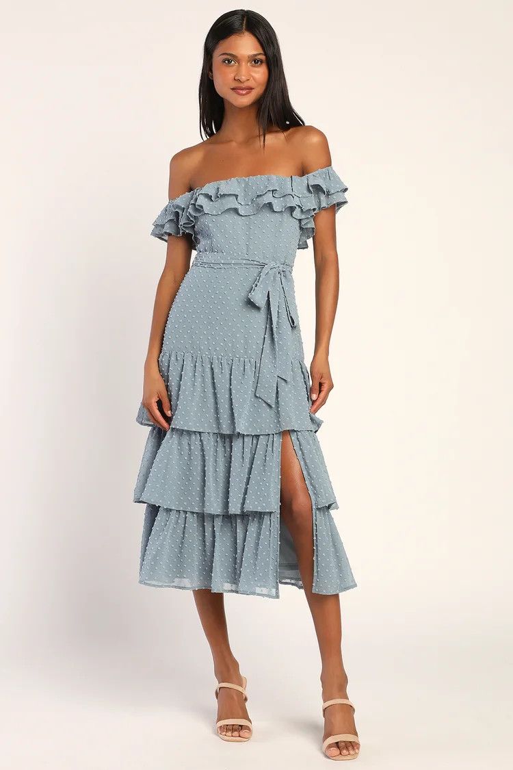 Dear To My Heart Slate Blue Swiss Dot Tiered Ruffled Midi Dress | Lulus (US)