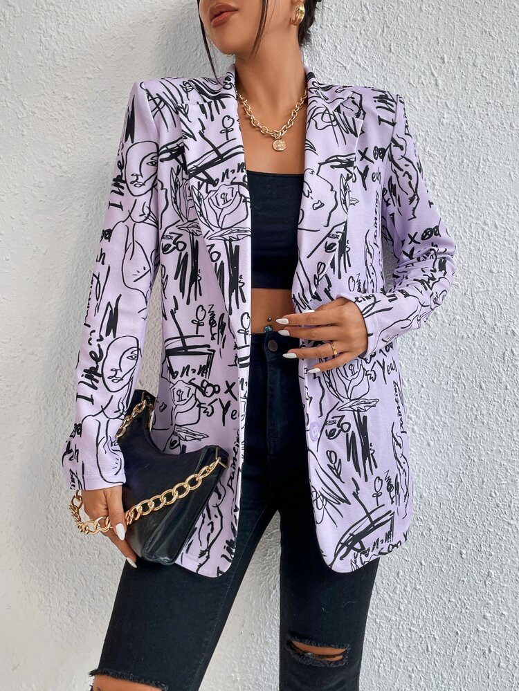 SHEIN Graffiti Print Single Breasted Blazer | SHEIN