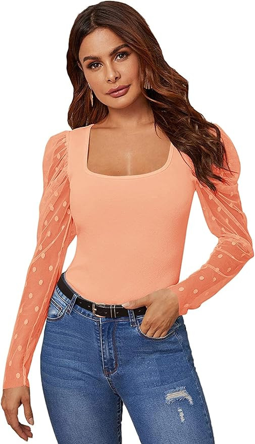 SheIn Women's Puff Long Sleeve Contrast Mesh Polka Dots Square Neck Blouse Top | Amazon (US)