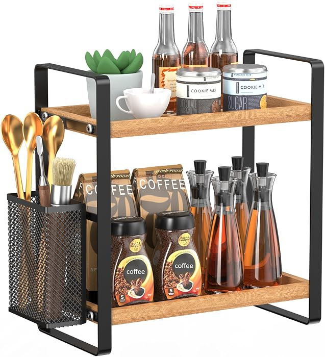 2-Tier Coffee Bar Organizer With Basket,Wooden Counter Shelf for Coffee Bar Accessories,Kitchen S... | Amazon (US)