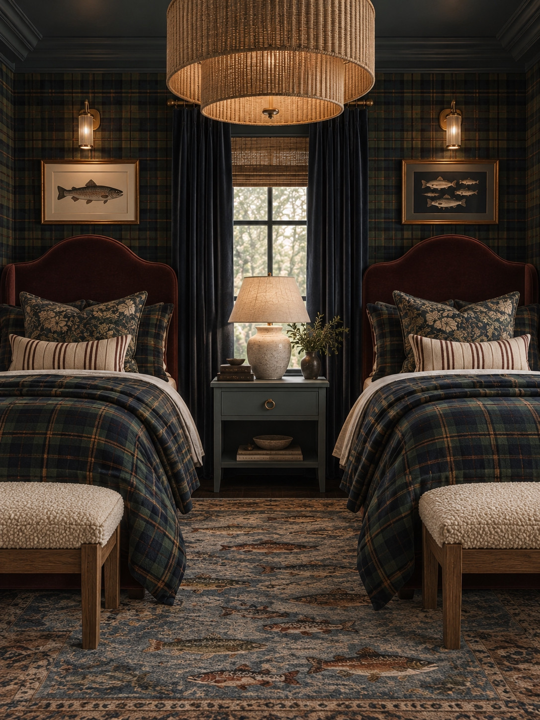 Moody Plaid Twin Bedroom 🤎 This cozy traditional bedroom leans into rich fall color with deep green tartan plaid wallpaper, matching plaid bedding, rust velvet upholstered headboards, and layered floral and striped pillows. Woven Roman shades, dramatic navy curtains, vintage-inspired fish artwork, brass sconces, a statement rattan pendant, boucle benches, and a patterned rug create a collected lodge-inspired look with classic English country charm. Perfect inspiration for a boys’ bedroom, guest room, cabin bedroom, or cozy fall home refresh.

🖤 If you want to see more content like this, FOLLOW maeveandmodern on LTK, Instagram, and Pinterest! Check out our blog where we post daily, maeveandmodern.com!

Moody Twin Bedroom | Plaid Bedroom Decor | Tartan Wallpaper | English Country Bedroom | Traditional Boys Bedroom | Lodge Inspired Decor | Cozy Guest Bedroom | Fall Bedroom Decor | Green Plaid Bedding | Rust Velvet Headboard | Twin Bedroom Ideas | Vintage Fish Art | Sporting Lodge Style | Cabin Bedroom Decor | Ralph Lauren Inspired Decor | Layered Bedding | Floral Throw Pillows | Striped Lumbar Pillow | Rattan Pendant Light | Brass Wall Sconces | Woven Roman Shades | Navy Curtains | Boucle Bench | Vintage Inspired Rug | Dark Academia Decor | Moody Home Decor | Collected Interiors | Cozy Fall Home

#LTKHome #LTKSaleAlert #LTKFindsUnder100 #LTKSeasonal 

 
