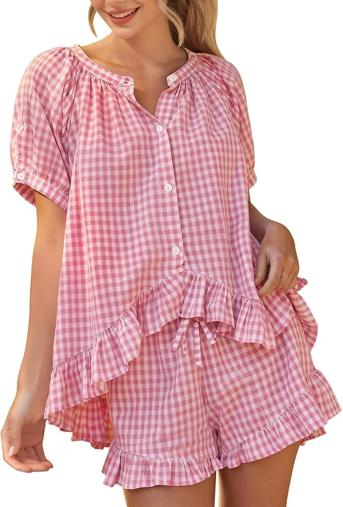 PEHMEA Women's Gingham 2 Piece Pajama Set Cotton Pj Ruffle Babydoll Short Sleeve Shirt Lounge Sho... | Amazon (US)