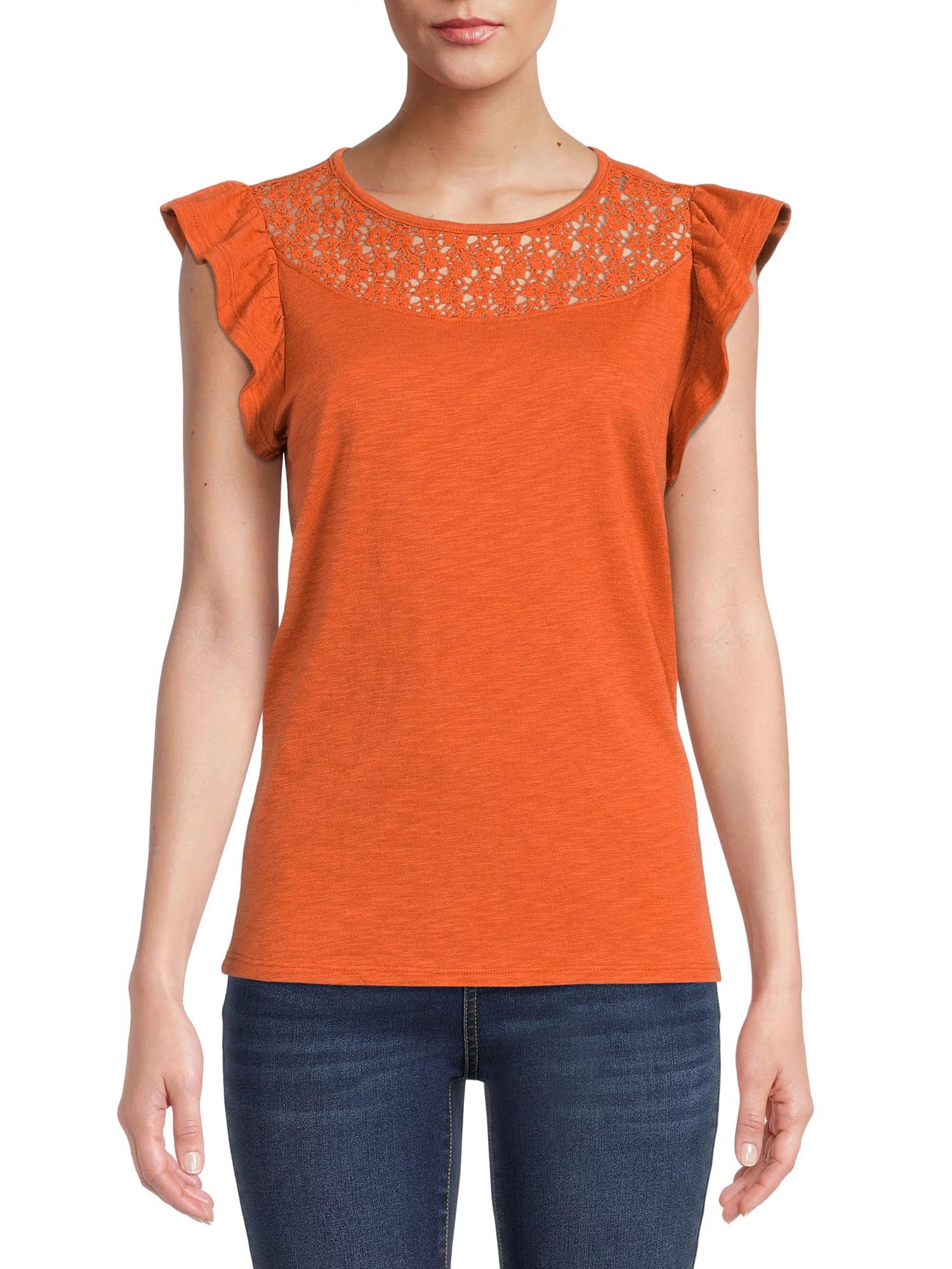 Time and Tru Women's Crochet Top with Flutter Sleeves - Walmart.com | Walmart (US)