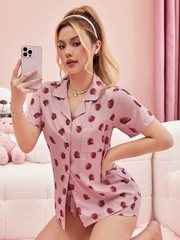 Ladies' Pajama Set With Strawberry Pattern | SHEIN