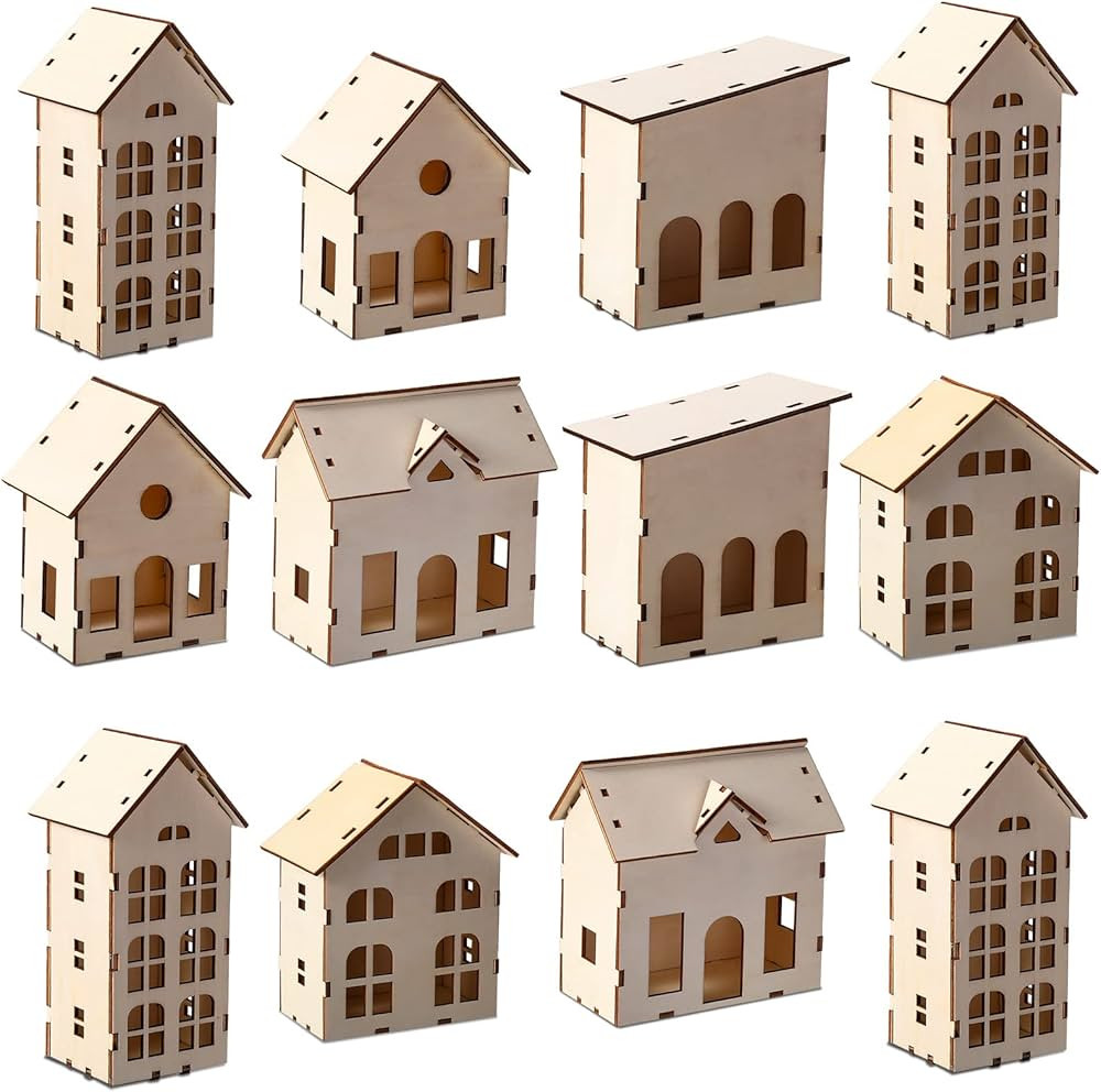 Sawysine 12 Pcs DIY Christmas Village Houses Wooden Crafts Rustic Christmas Houses Christmas Vill... | Amazon (US)