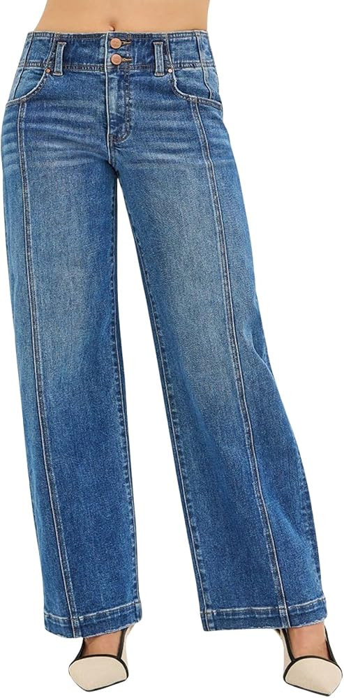 Womens Casual Wide Leg Jeans Retro Double Button Front Seam Detail High Waisted Relaxed Fit Mediu... | Amazon (US)