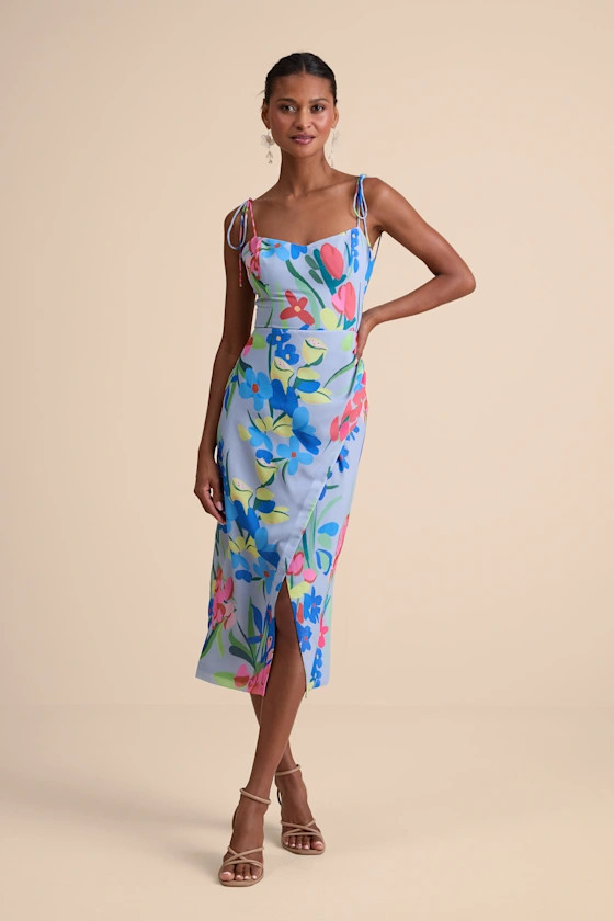 Kristel Blue Floral Print Tie-Strap Midi Dress | Lulus