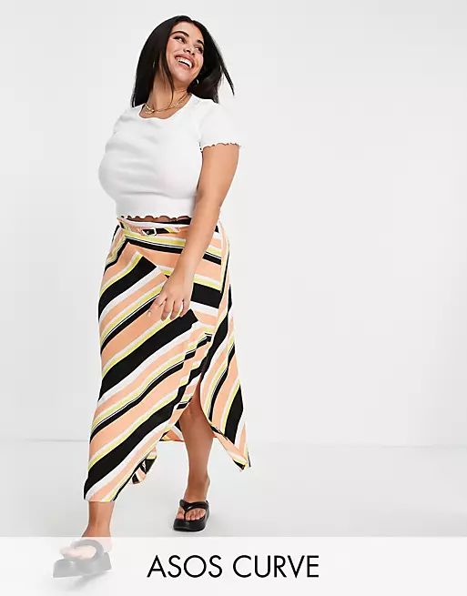 ASOS DESIGN Curve wrap midi skirt with D ring in stripe print | ASOS (Global)