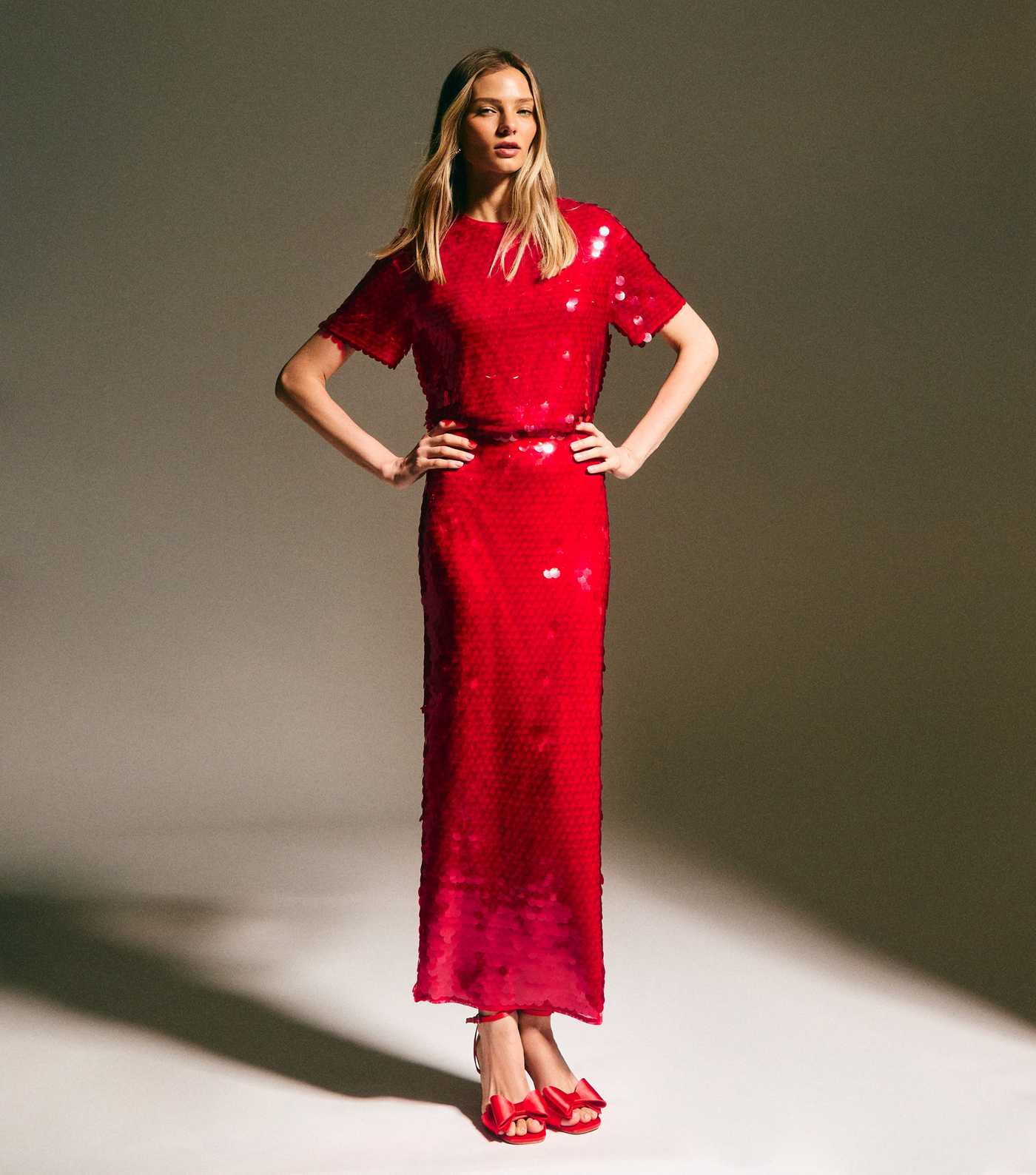 Red Sequin Midi Skirt | New Look | New Look (UK)