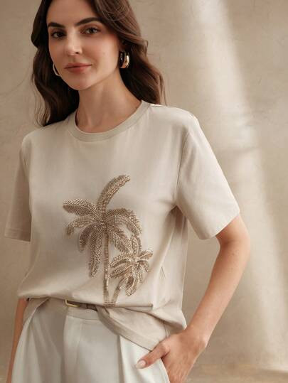 Anewsta Women Elegant White Short Sleeve Round Neck T-Shirt, Spring/Summer Vacation Casual Loose ... | SHEIN