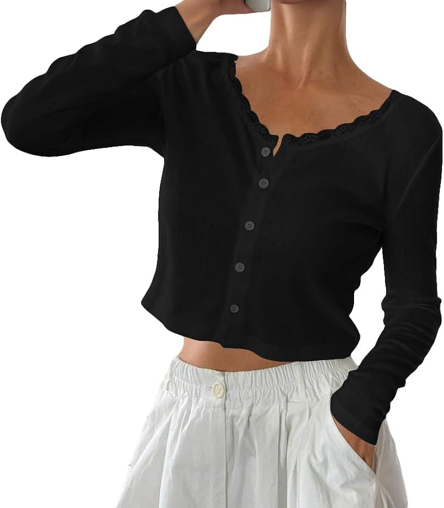 BAIGRAM Women Long Sleeve Button Down Open Front V Neck Crop Cardigan Shirt Y2K Lace Patchwork Po... | Amazon (US)