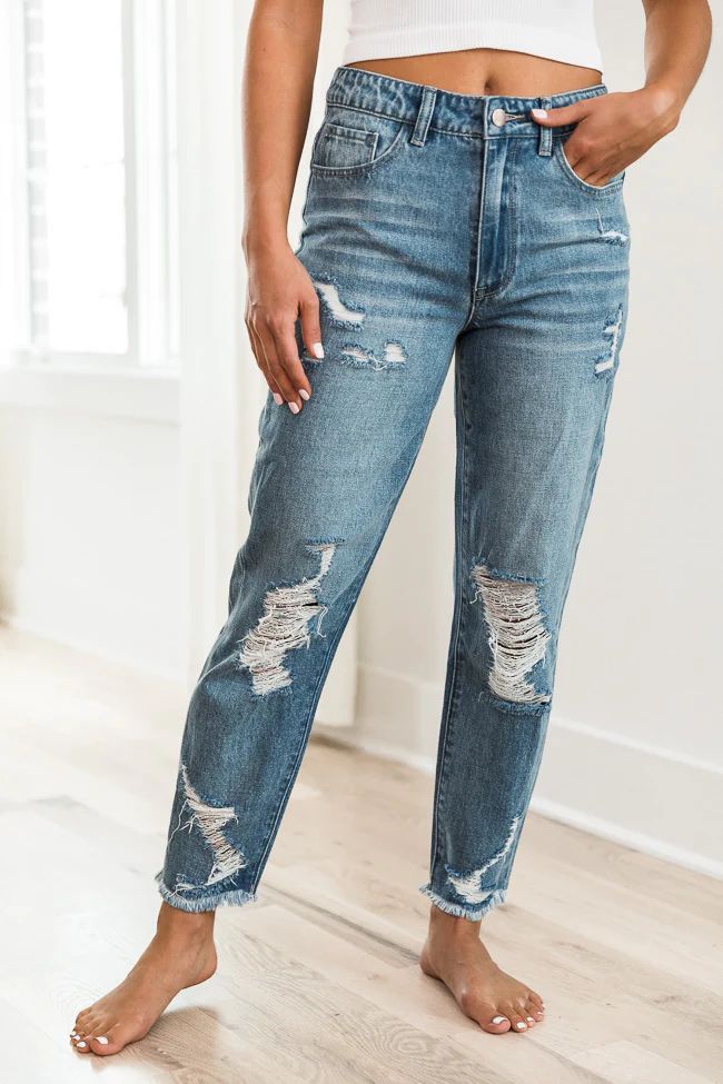 Priscilla Distressed Girlfriend Medium Wash Jeans | Pink Lily