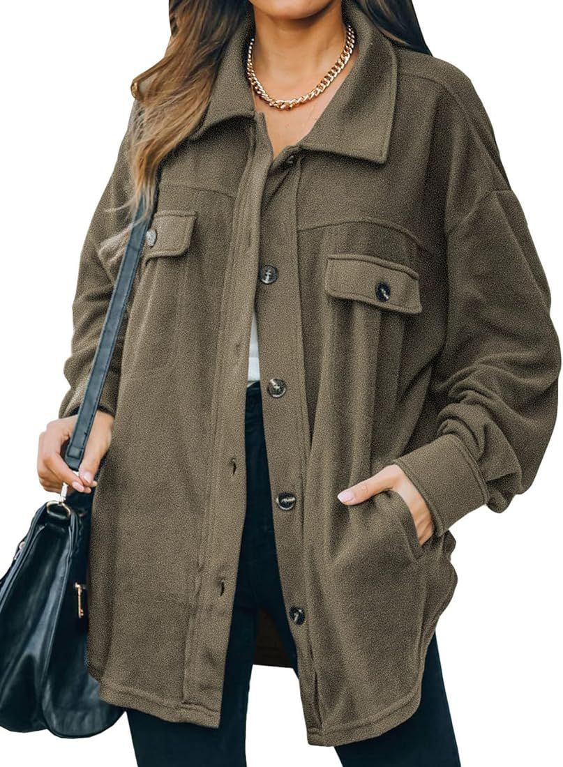 BLENCOT Shacket Jacket Women Button Down Long Sleeve Fuzzy Fleece Jackets Lightweight Outerwear With | Amazon (US)