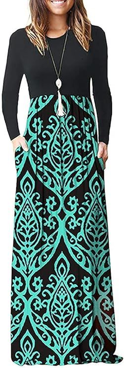 AUSELILY Women Long Sleeve Loose Plain Maxi Dresses Casual Long Dresses with Pockets | Amazon (US)
