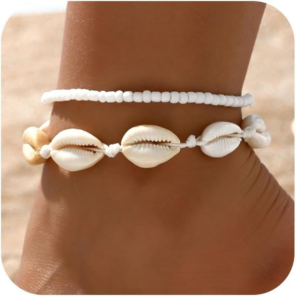 Bead Ankle Bracelets Set For Women, Adjustable Gold Boho Shell Anklet, Hawaiian Beach Seashell Pe... | Amazon (US)