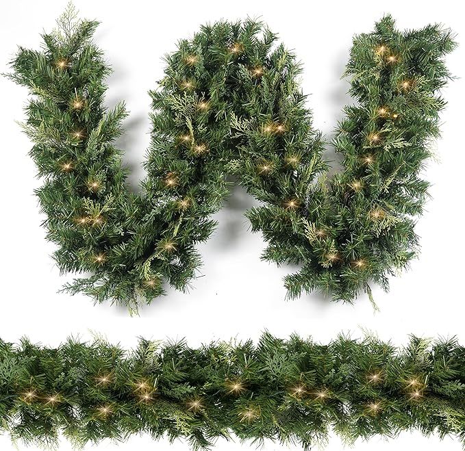 HomeKaren Christmas Garland with 50 Lights 9 Ft, Prelit Xmas Garlands with Cypress Leaf, Battery ... | Amazon (US)