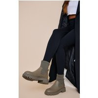Khaki PU Round Toe Knitted Contrast Chunky Sole Ankle Boots | PrettyLittleThing UK