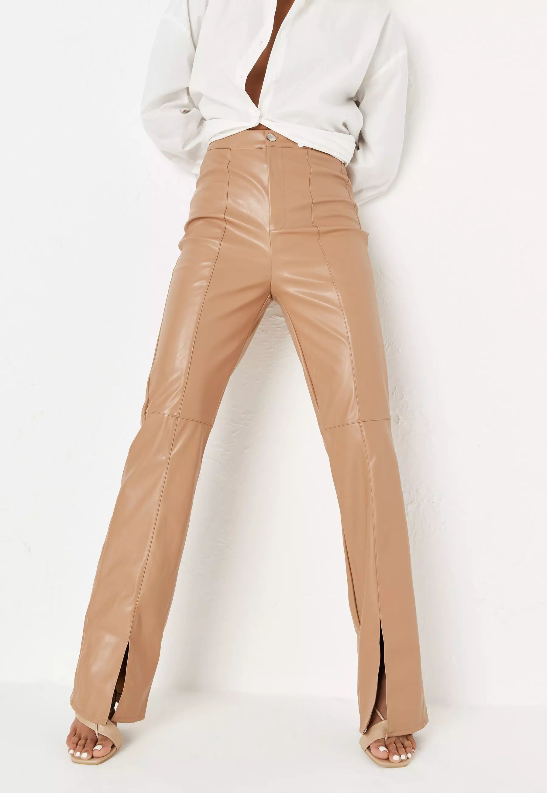 Mocha Faux Leather Split Front Trousers | Missguided (UK & IE)