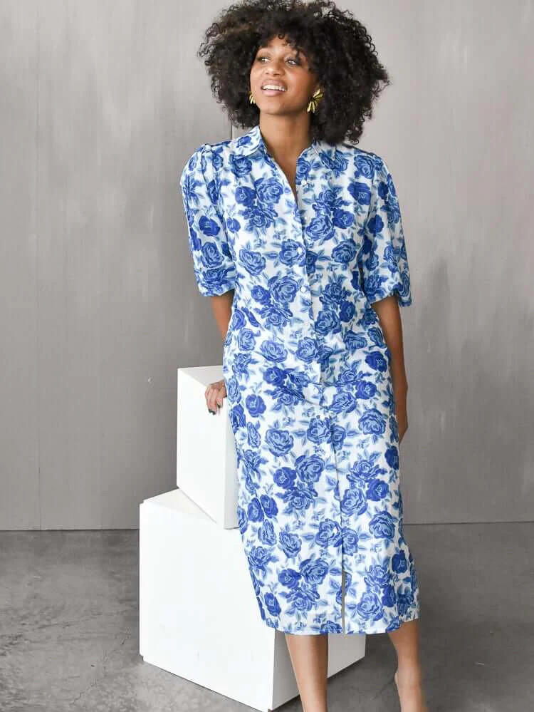 Margot Dress in Blue Tonal Roses | Confête