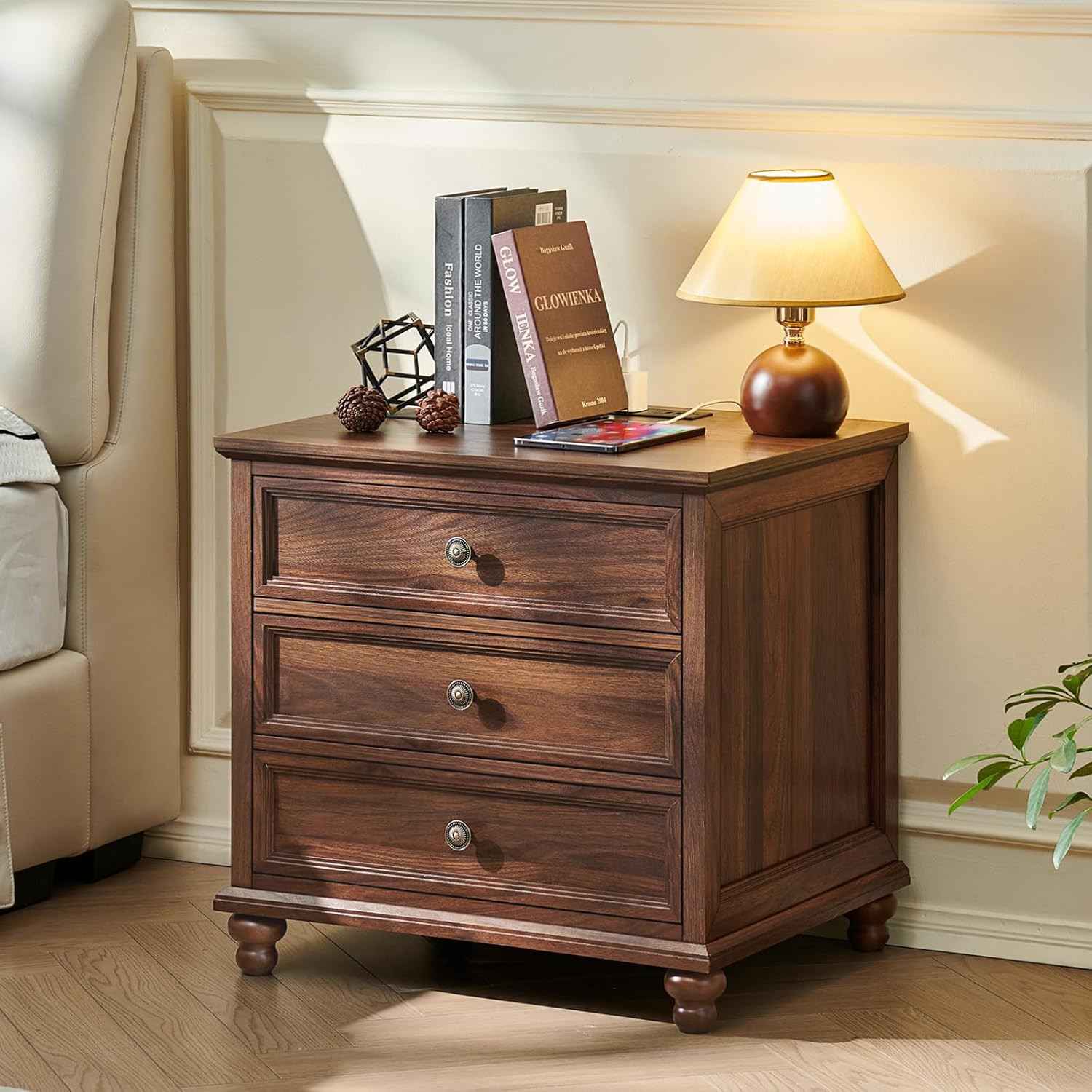 Farmhouse Nightstand Set of 2 with Charging Station, 24" Wide End Table with 3 Drawers,Dresser fo... | Amazon (US)