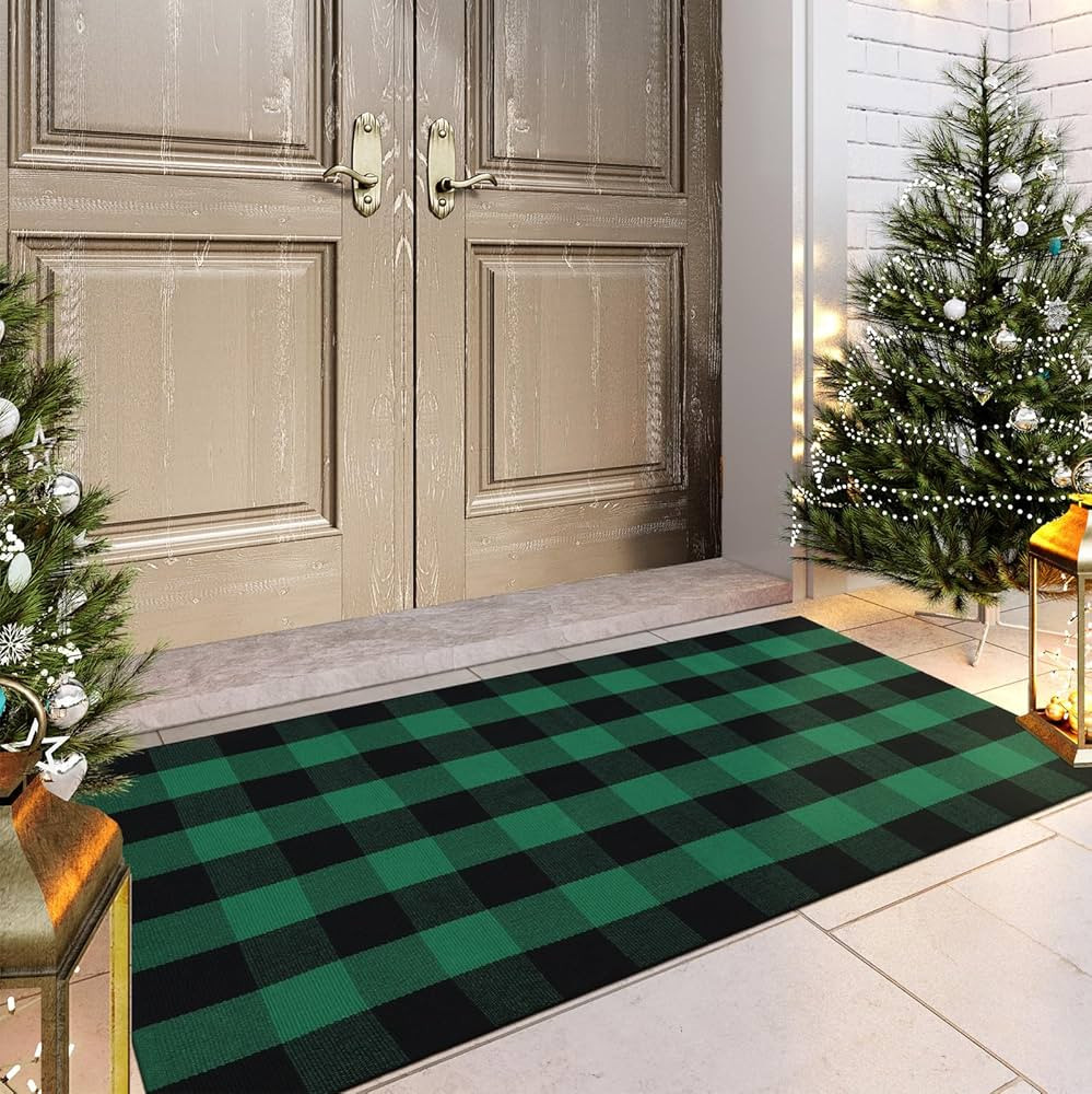 LEEVAN Buffalo Plaid Door Mat 3'x 5', Green and Black Plaid Porch Outdoor Rug, Farmhouse Washable... | Amazon (US)
