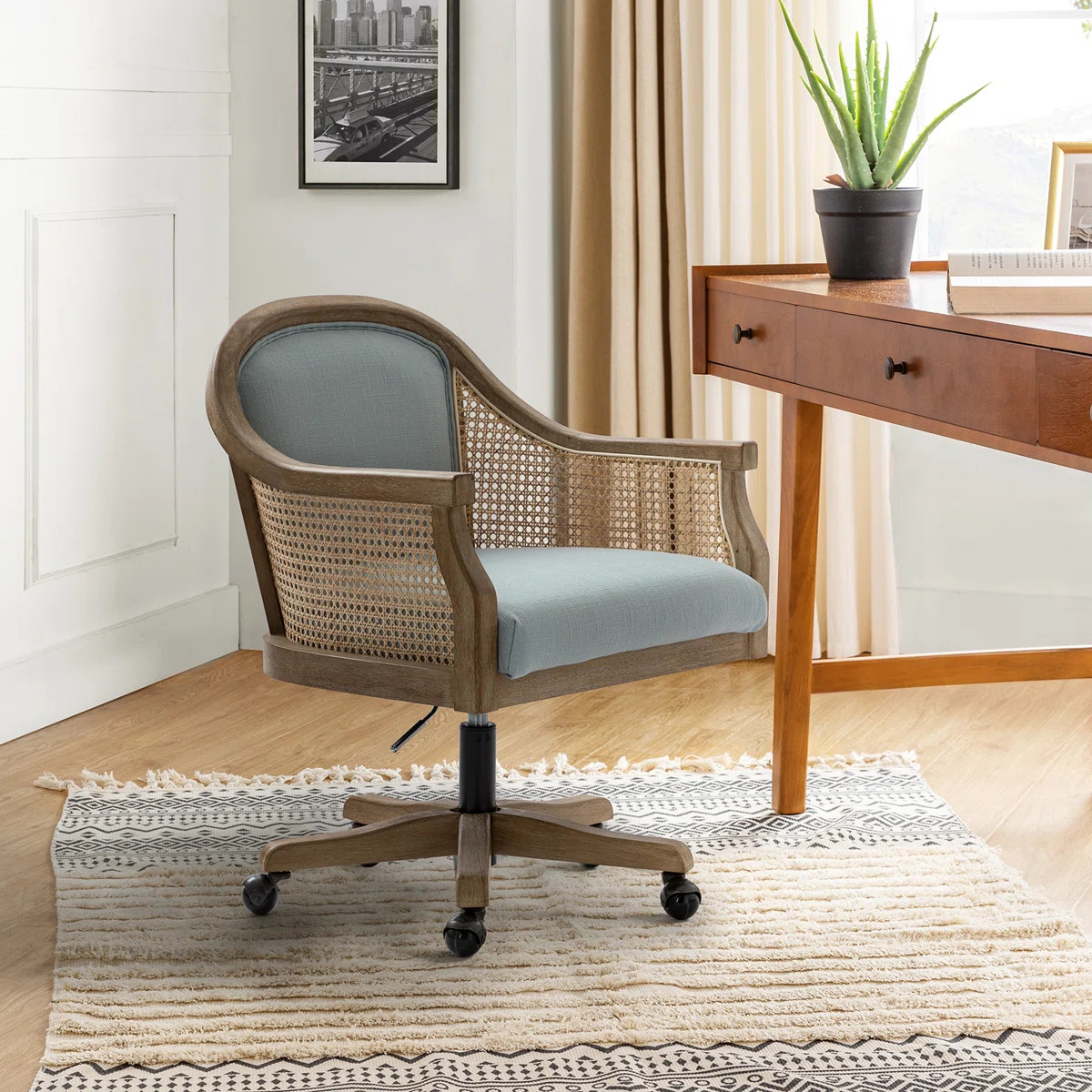 Xaver Swivel Barrel Task Chair with Rattan Arms | Wayfair UK
