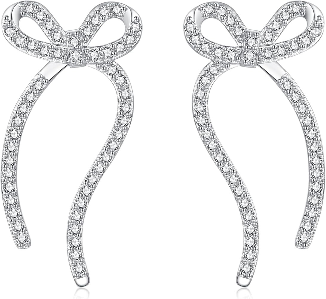 ZRU Sterling Silver Bow Earrings for Women, Sparkling CZ Hypoallergenic 925 Sterling Silver Ribbo... | Amazon (US)