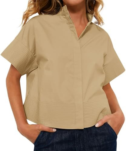 Cicy Bell Womens Cropped Short Sleeve Button Down Shirts Pleated Summer Dressy Casual Blouse Stan... | Amazon (US)