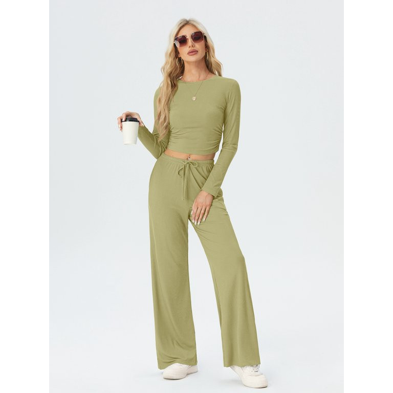 MINTREUS Women's Ribbed Knit Two Piece Outfits Lounge Sets Long Sleeve Wide Leg Pants Homewear Pa... | Walmart (US)