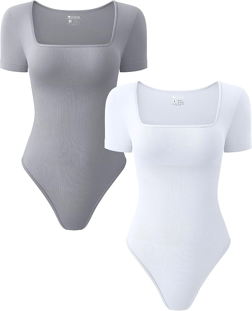 OQQ Women's 2 Piece Bodysuits Sexy Ribbed One Piece Square Neck Short Sleeve Bodysuits | Amazon (US)