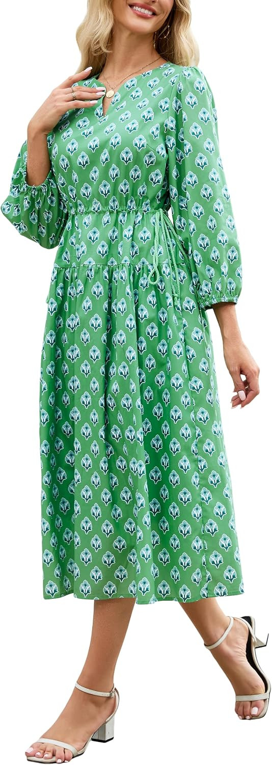Ladyful Striped Midi Dress for Women 3/4 Sleeve V Neck Cotton Shirt Dress | Amazon (US)