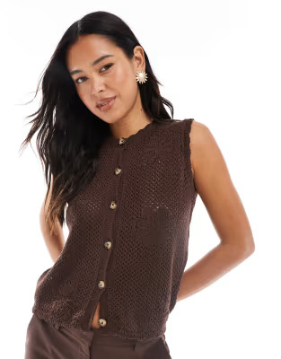 ASOS DESIGN knitted button down top with flower open stitch in brown - BROWN | ASOS | ASOS (Global)