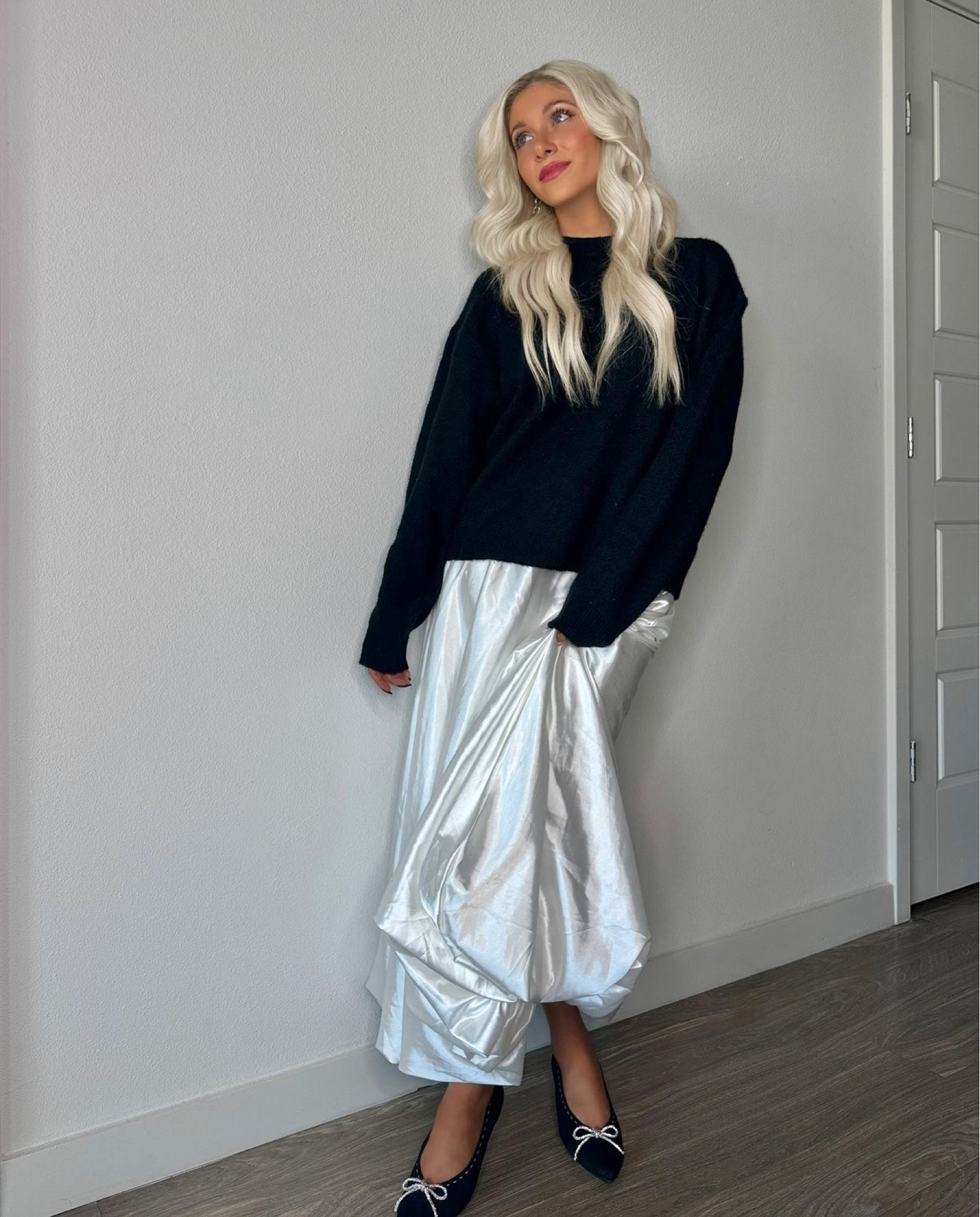 Sweater size x small
Skirt size small
Similar heels linked l

Bubble maxi skirt outfit, satin skirt, white silk skirt, bubble skirt outfit, fall outfit inspo, winter outfit, sweater outfit, minimalist outfit, church outfit, neutral outfit, black sweater, black kitten heels, silver bow heels, fall fashion trends

#LTKSeasonal #LTKStyleTip #LTKHoliday