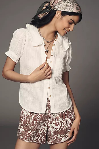 Pilcro Short-Sleeve Sheer Silky Blouse | Anthropologie (US)
