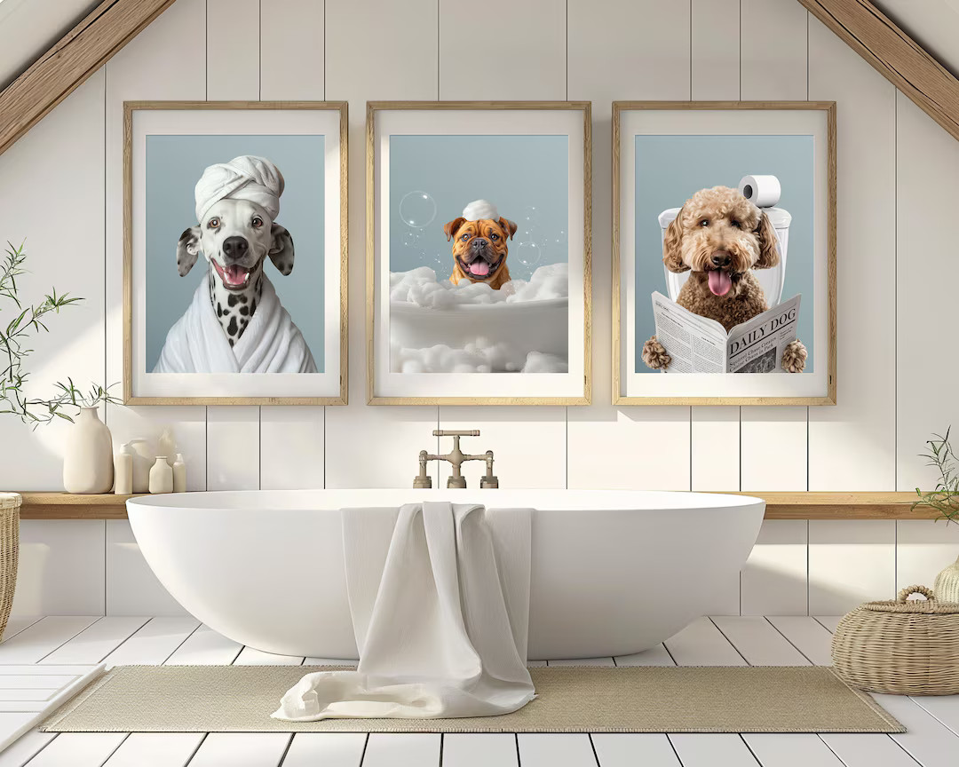 Custom Pet Portrait, Dog Bathroom Art, Funny Bathroom Poster, Dog in Toilet, Dog Reading Newspape... | Etsy (US)