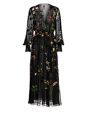 Embroidered Floral Silk Chiffon Wrap Dress | Saks Fifth Avenue
