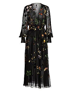 Embroidered Floral Silk Chiffon Wrap Dress | Saks Fifth Avenue