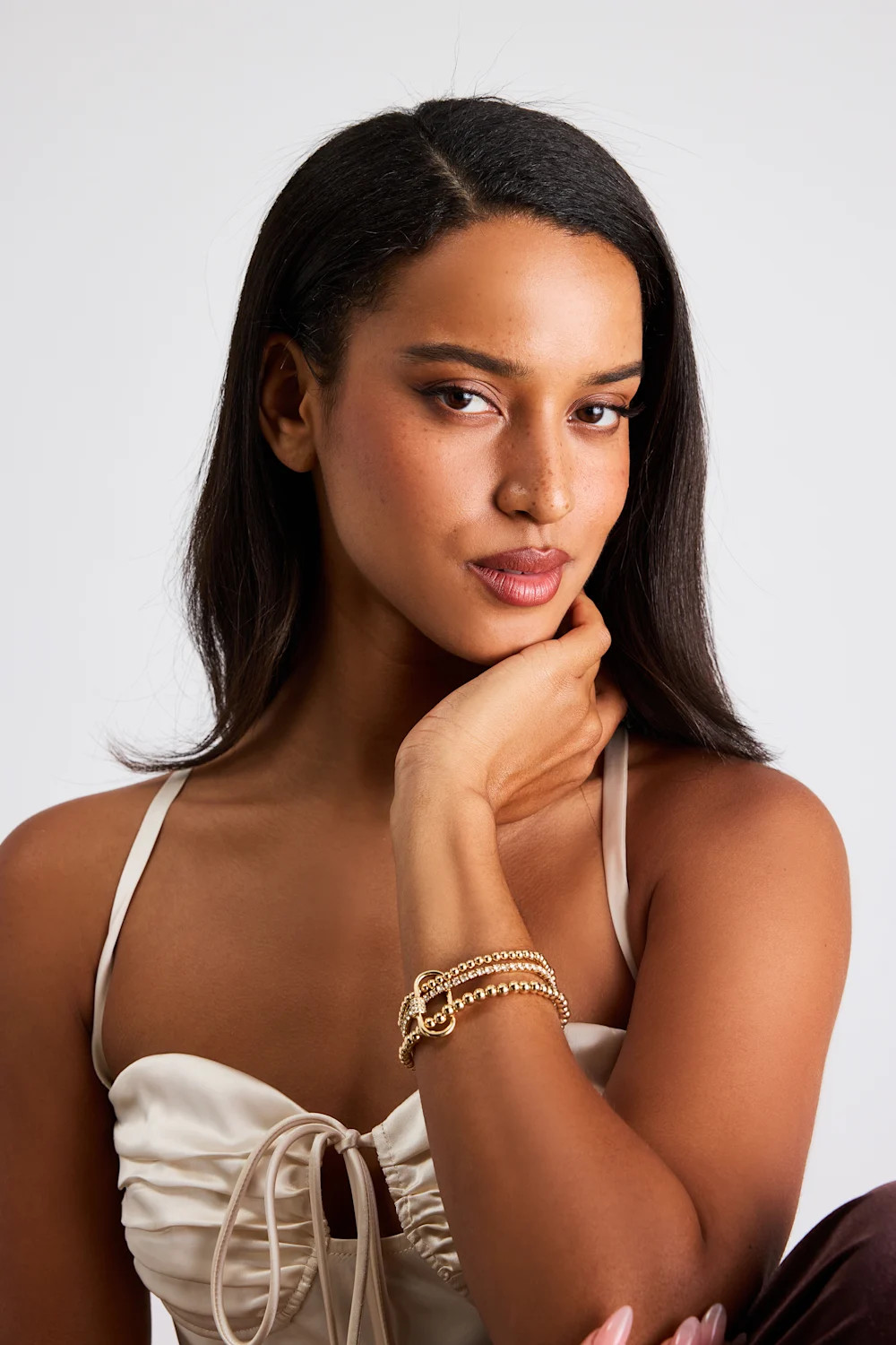 Fontaine Gold Beaded Rhinestone Three-Piece Bracelet Set | Lulus