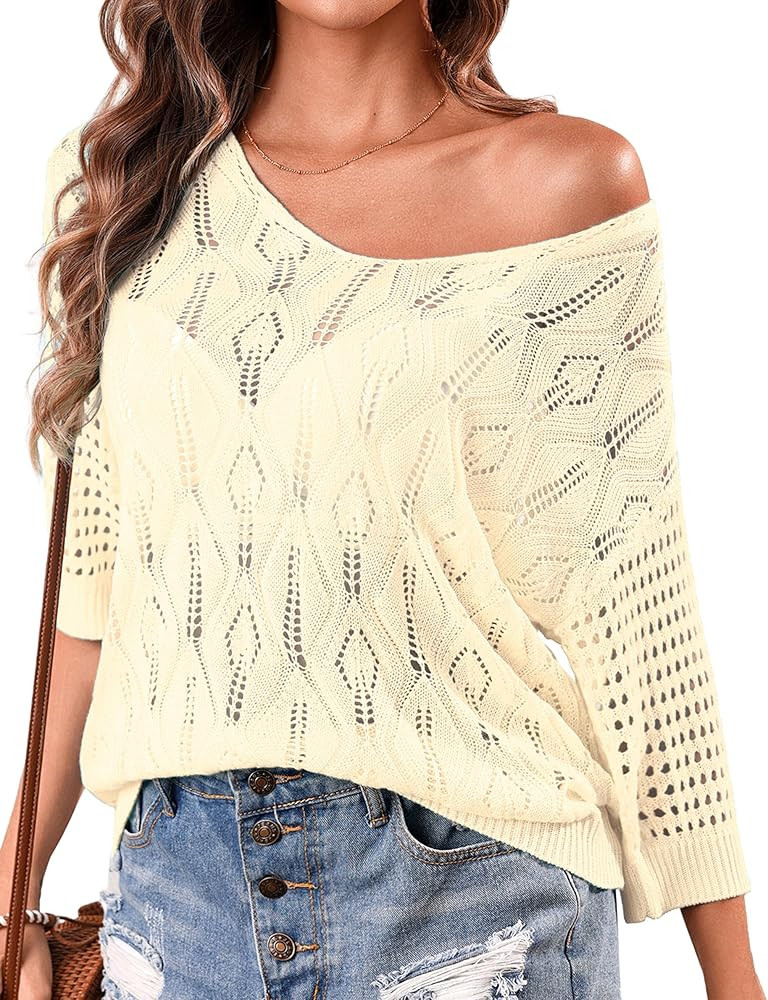Totatuit Womens 3/4 Sleeves Crochet Hollow Out Knit Tops Summer Fashion Swimwear Beach Cover Ups ... | Amazon (US)