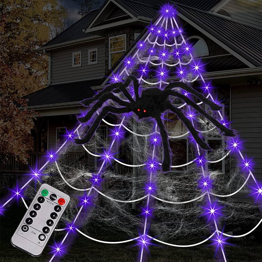 Spider Web Halloween Decorations Outdoor Lights, 125 Purple LED Light Up 16.4Ft Giant Spiderweb &... | Amazon (US)
