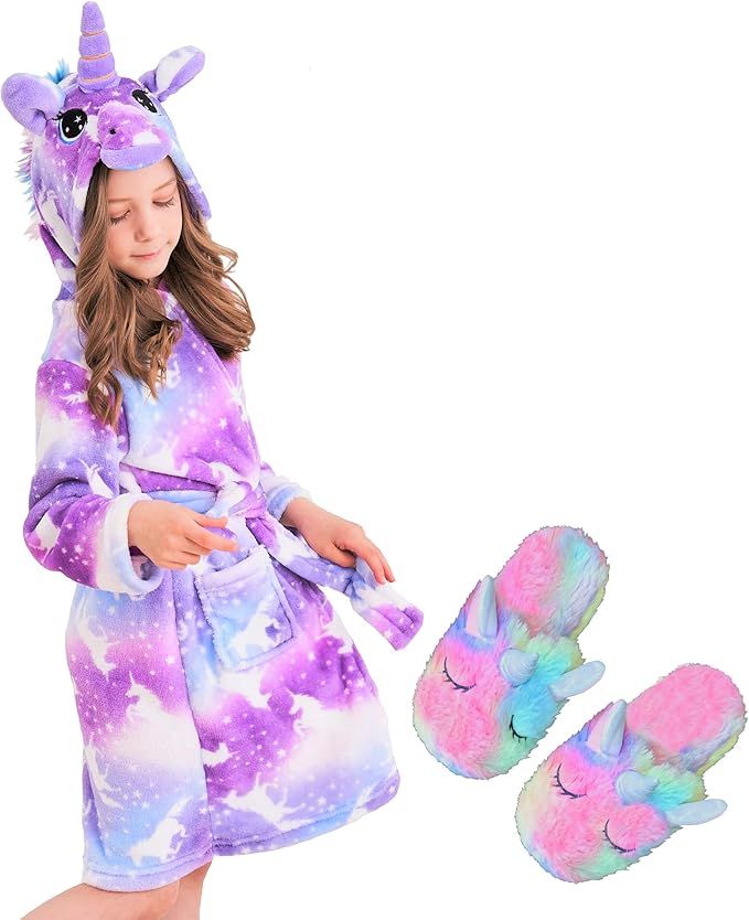 Unicorn Hooded Bathrobe Sleepwear Matching Slippers Girls Gifts | Amazon (US)