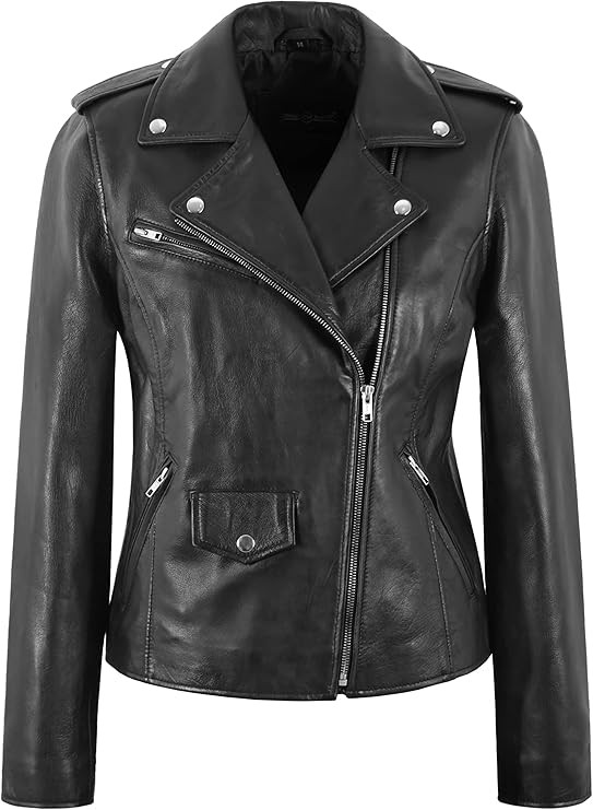 Ladies Brando Cross Zip Slim Fit Biker Style Classic Fashion Real Leather Jacket 7104 | Amazon (US)