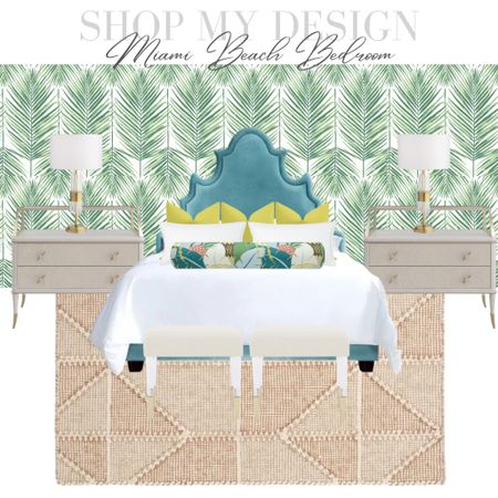 Miami inspired bedroom design with shaped upholstered headboard, palm wallpaper, glam nightstands, gold lamps, due textured, rug, decorative bed pillows, acrylic, leg, bench


#bedroomdesign #homedecor #interiordesign 


#LTKsalealert #LTKhome #LTKstyletip