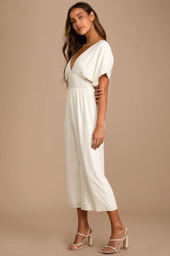 Spend Some Time Cream Smocked Short Sleeve Culotte Jumpsuit | Lulus (US)