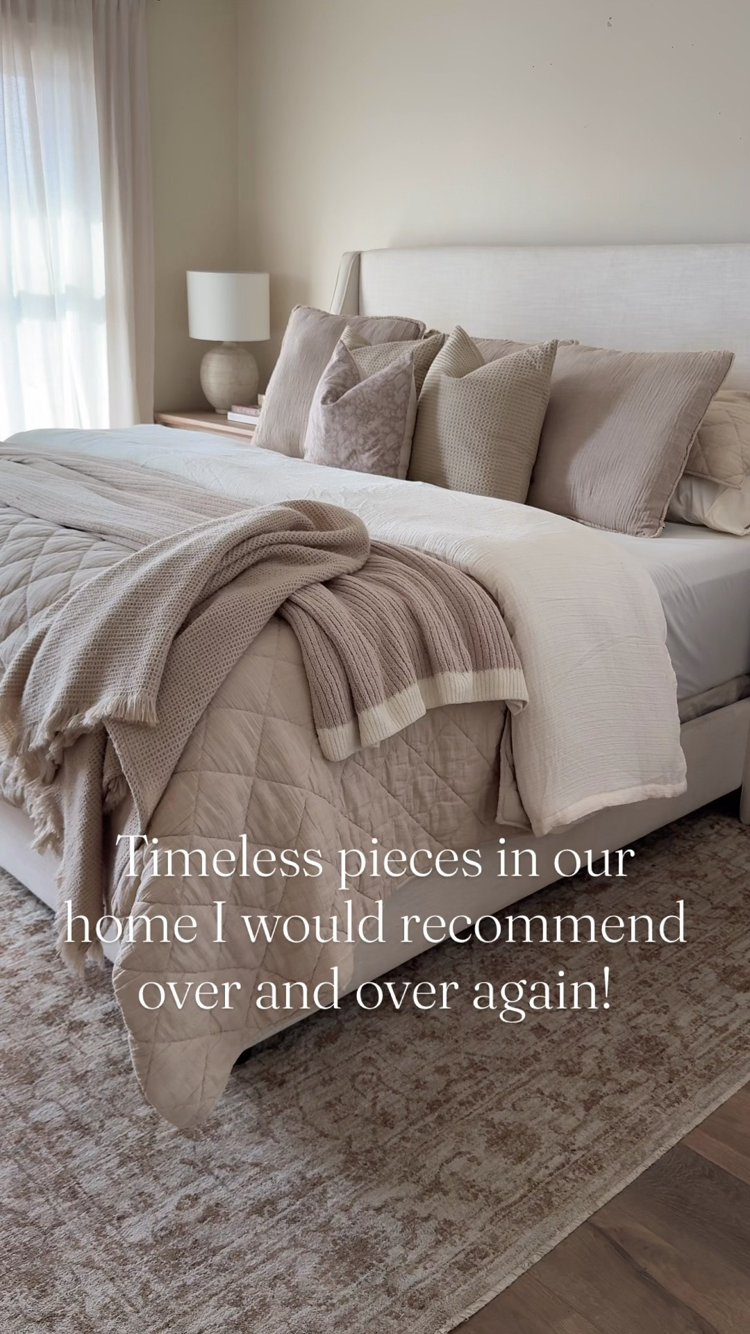 Timeless items in our home I always recommend!

Bed, bedroom, upholstered bed, dresser, nightstand, area rug, neutral rug, throw pillow, bedding, neutral bedding, accent cabinet