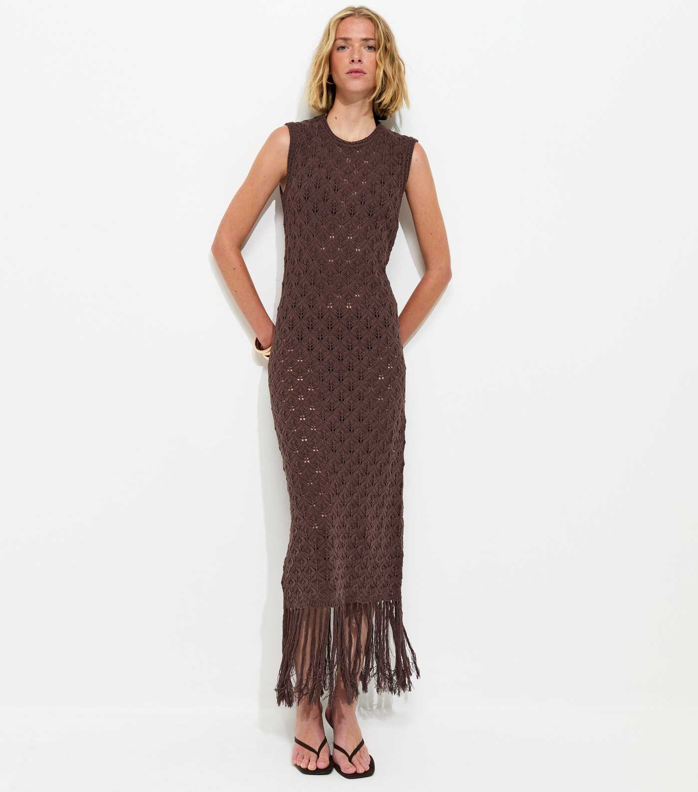 Dark Brown Crochet Fringe Hem Maxi Dress | New Look | New Look (UK)