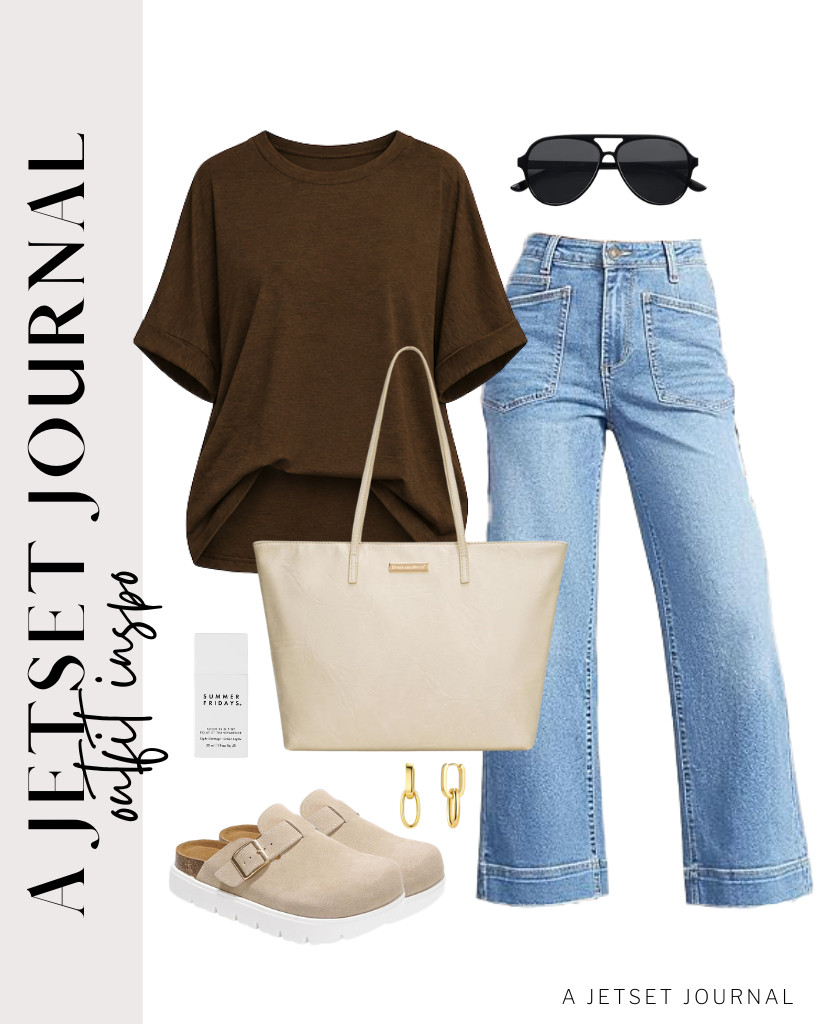 You can wear this brown oversized T-shirt with Cicy Bell’s cropped wide-leg jeans for your last outfit. Project Cloud’s leather platform clogs and SOJOS aviator sunnies are perfect for this fit together with a Montana West tote bag.

#LTKSeasonal #LTKSaleAlert #LTKTravel
 

 