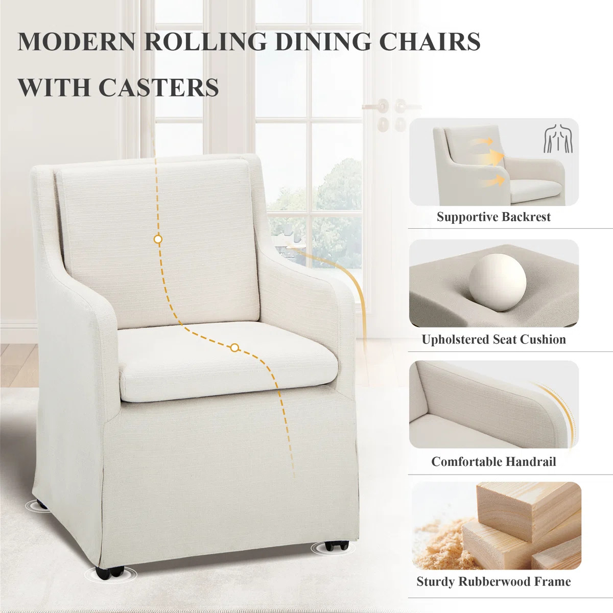 19" Wide Modern Fabric Upholstered Removable Cushions Dining Armchair with Casters (Set of 2) | Wayfair North America