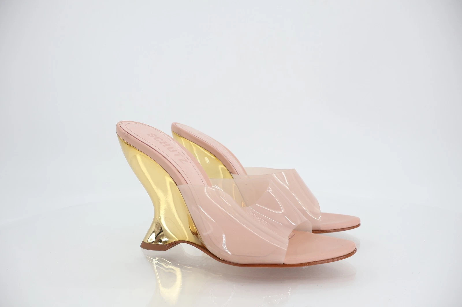 Schutz Womens Size 5.5 Aprill Vynil Slip On Open Toe Wedge Sandals Pink Gold | eBay US