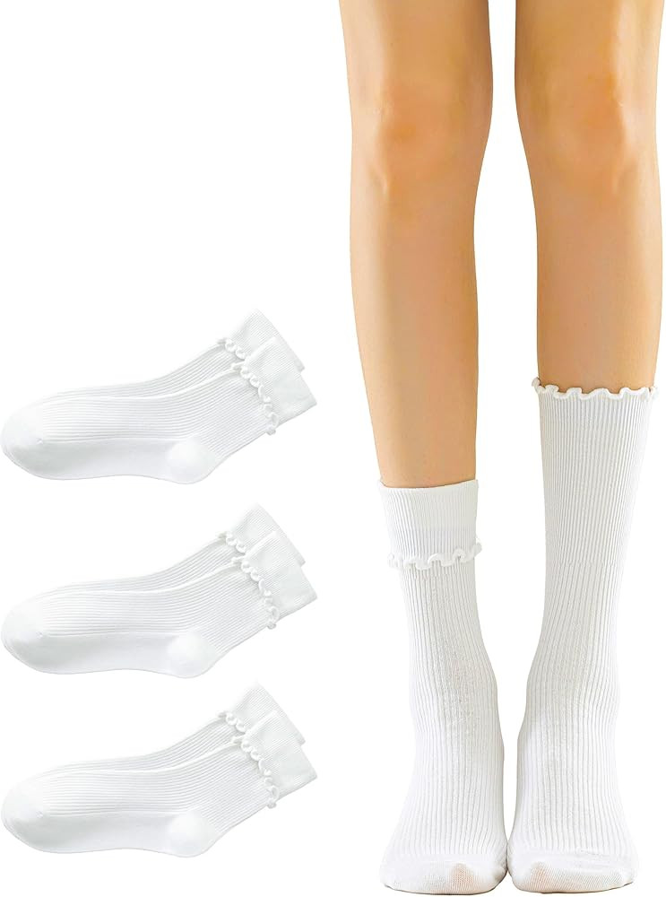 Ruffle Turn-Cuff Socks Women, Casual Cute Girl Ruffle Crew Socks Breathable Cool Frilly Socks | Amazon (US)